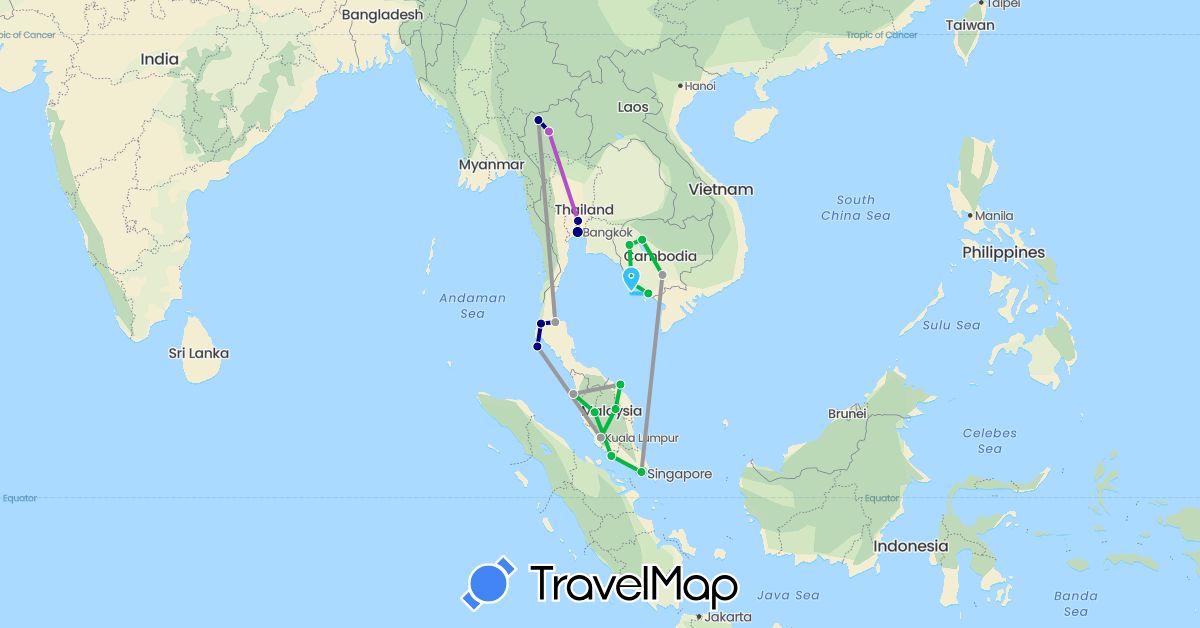 TravelMap itinerary: driving, bus, plane, train, boat in Cambodia, Malaysia, Singapore, Thailand (Asia)